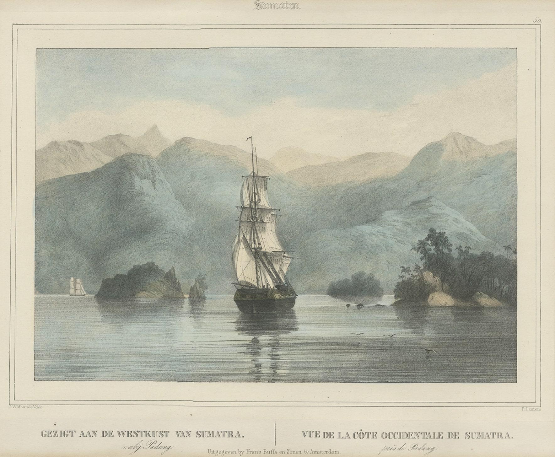 Paper Antique Print of a Ship Near the Coast of Sumatra, Indonesia, c.1845 For Sale