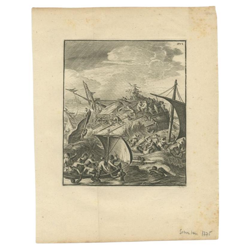 Antique Print of a Shipwreck Near Arrakan in India, 1775 For Sale