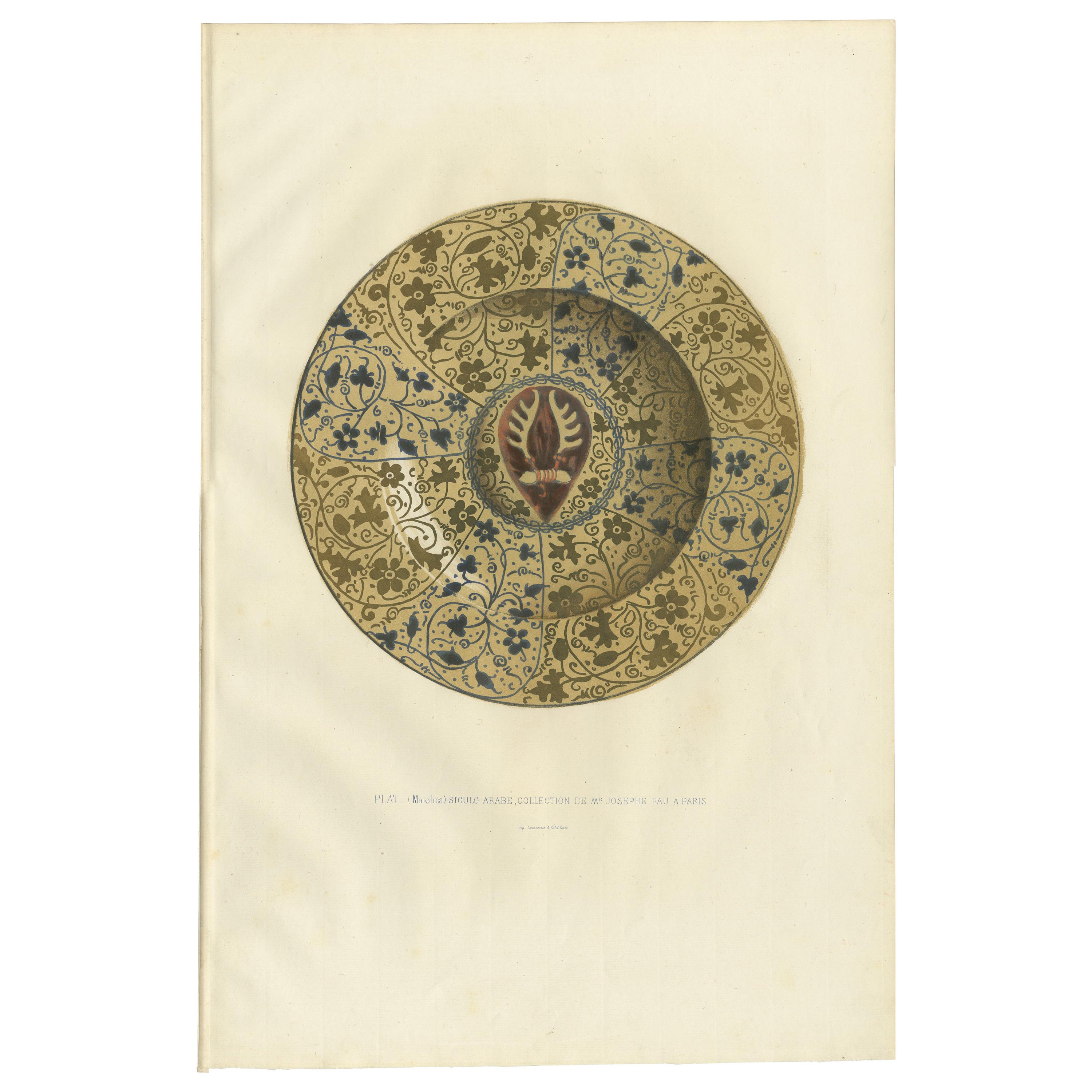 Antique Print of a Siculo-Arabic Majolica Plate by Delange '1869' For Sale