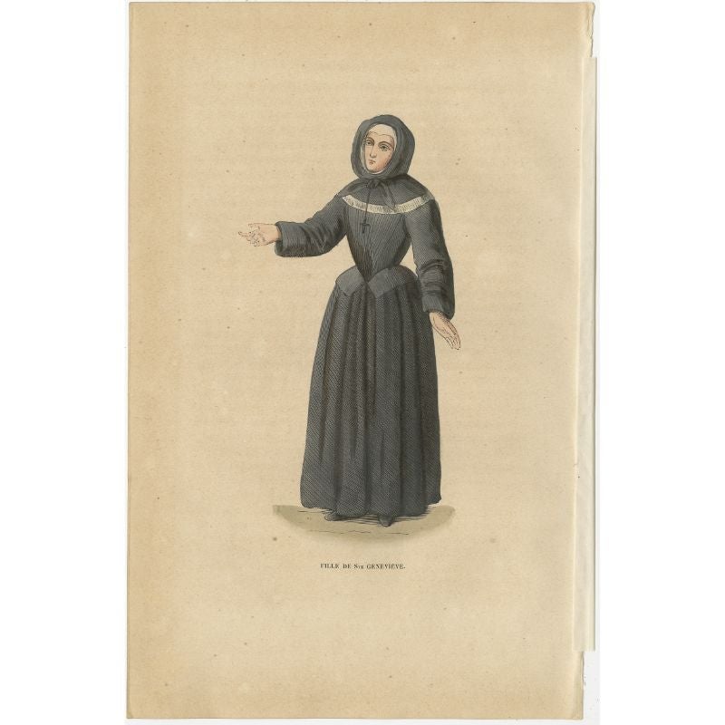 Antique print titled 'Hospitaliere de la Fleche'. Print of a Sister of the Congregation of France, or Genovefain, founded at the Abbey of Saint Genevieve. This print originates from 'Histoire et Costumes des Ordres Religieux'.

Artists and
