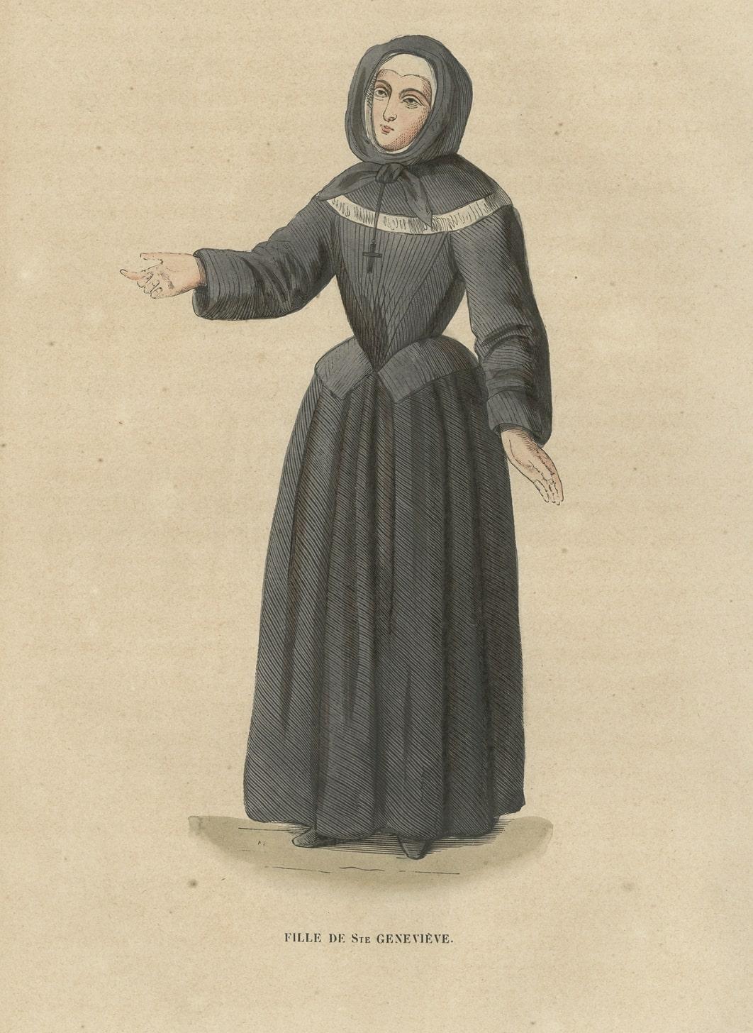 19th Century Antique Print of a Sister of the Congregation of France, 1845 For Sale