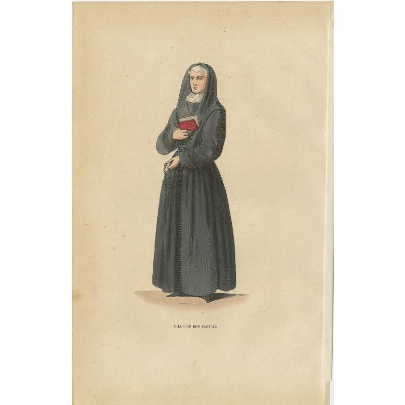 Antique print titled 'Fille du Bon Pasteur'. Print of a Sister of the Congregation of Our Lady of Charity of the Good Shepherd. This print originates from 'Histoire et Costumes des Ordres Religieux'.

Artists and Engravers: Author: Abbé Tiron.