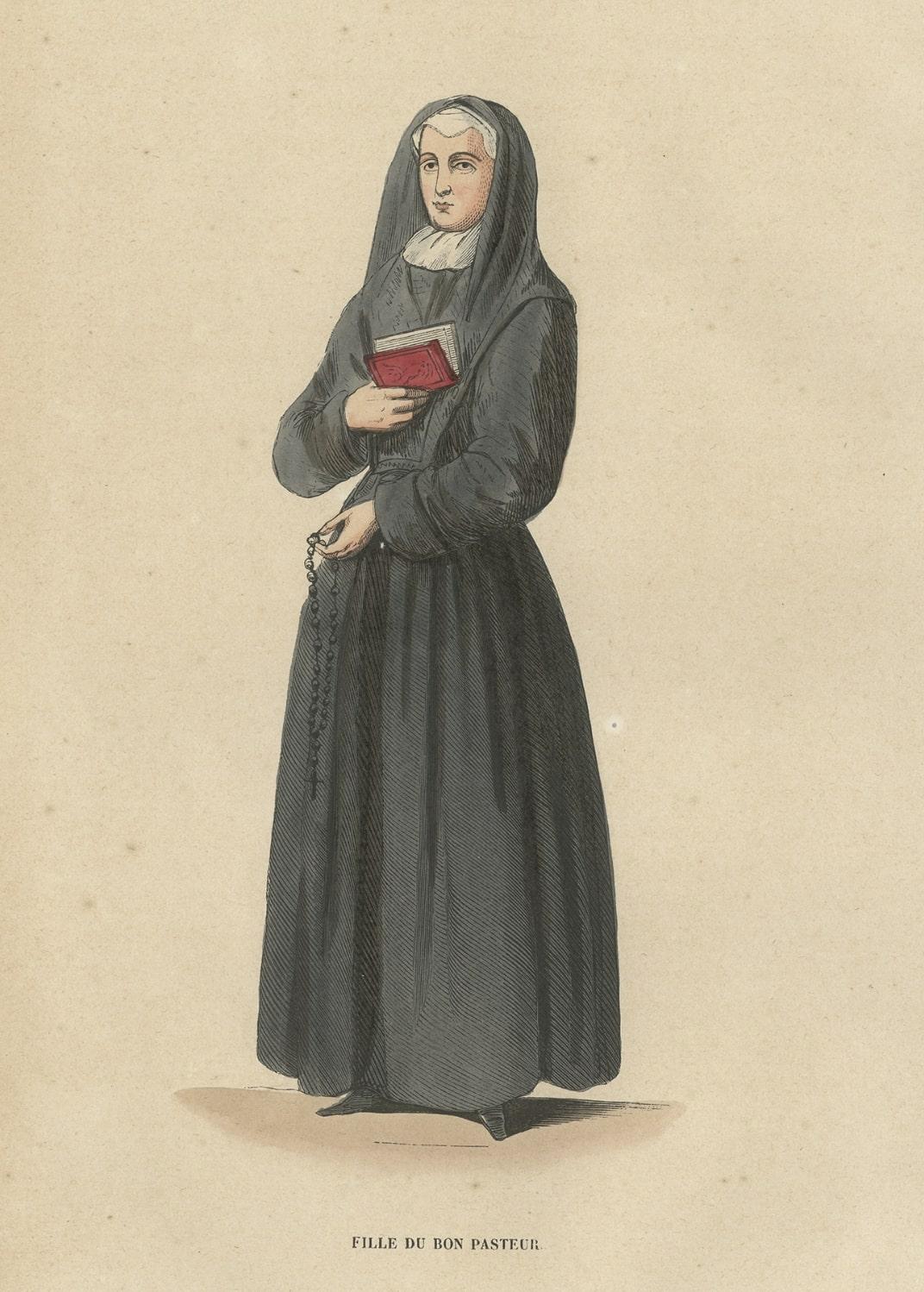 Papier Gravure ancienne d'une sœur de Notre-Dame de Charité du Bon-Pasteur en vente