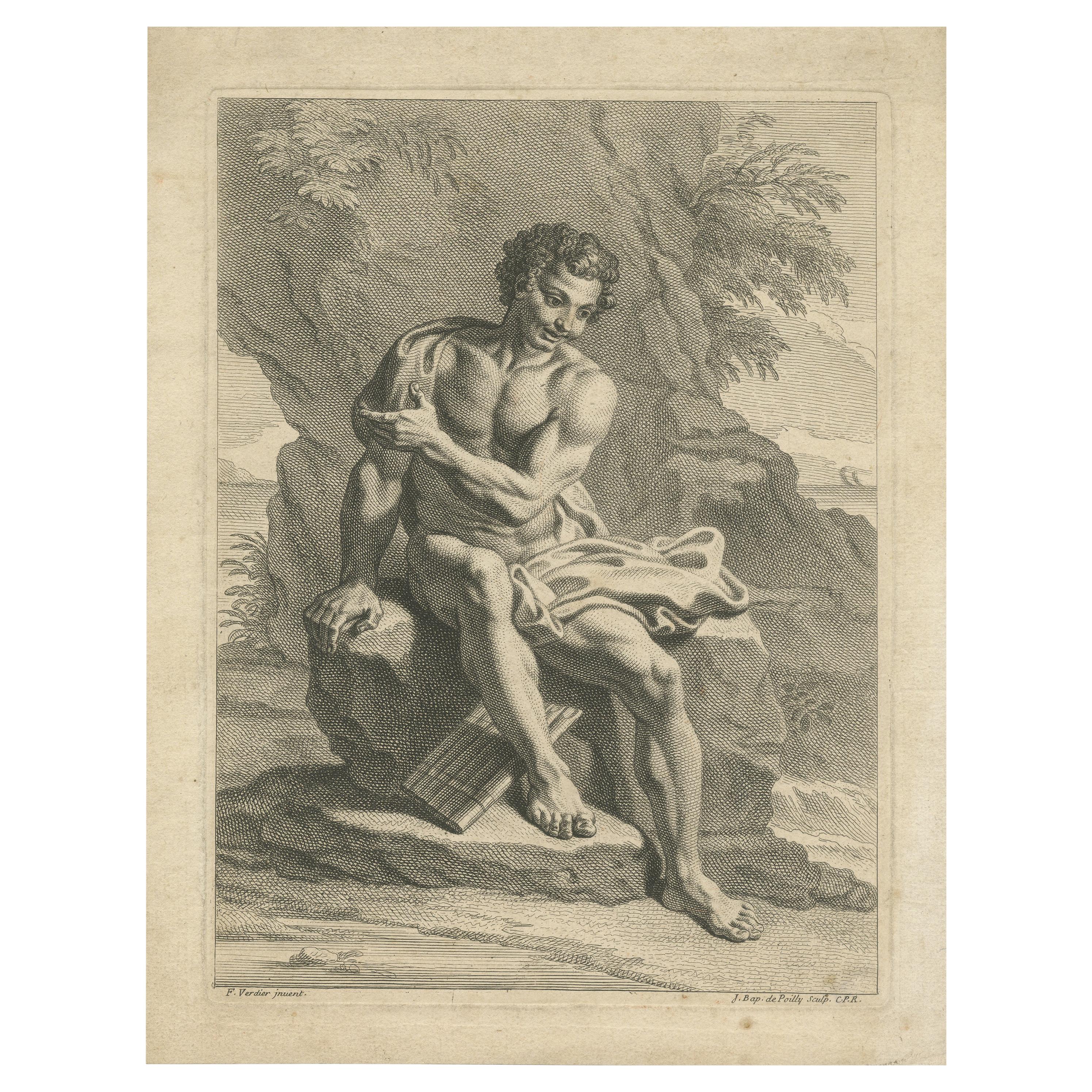 Antique Print of a Sitting Man with a Panflute by De Poilly 'c.1720' For Sale