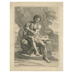 Antiker Druck eines sitzenden Mannes mit Panflute von De Poilly, ca. 1720