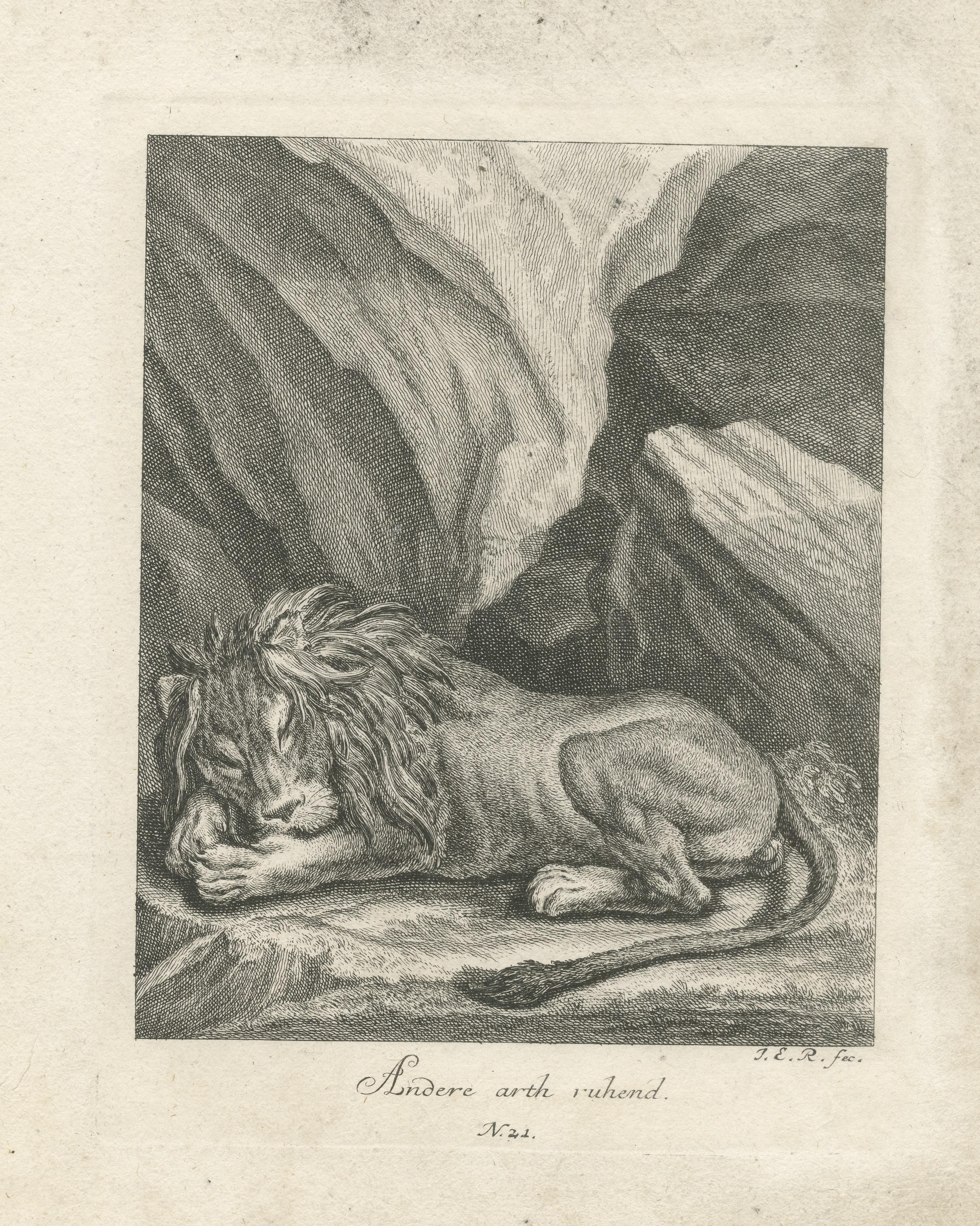Antique Print of a sleeping Lion in a mountainous landscape In Fair Condition For Sale In Langweer, NL
