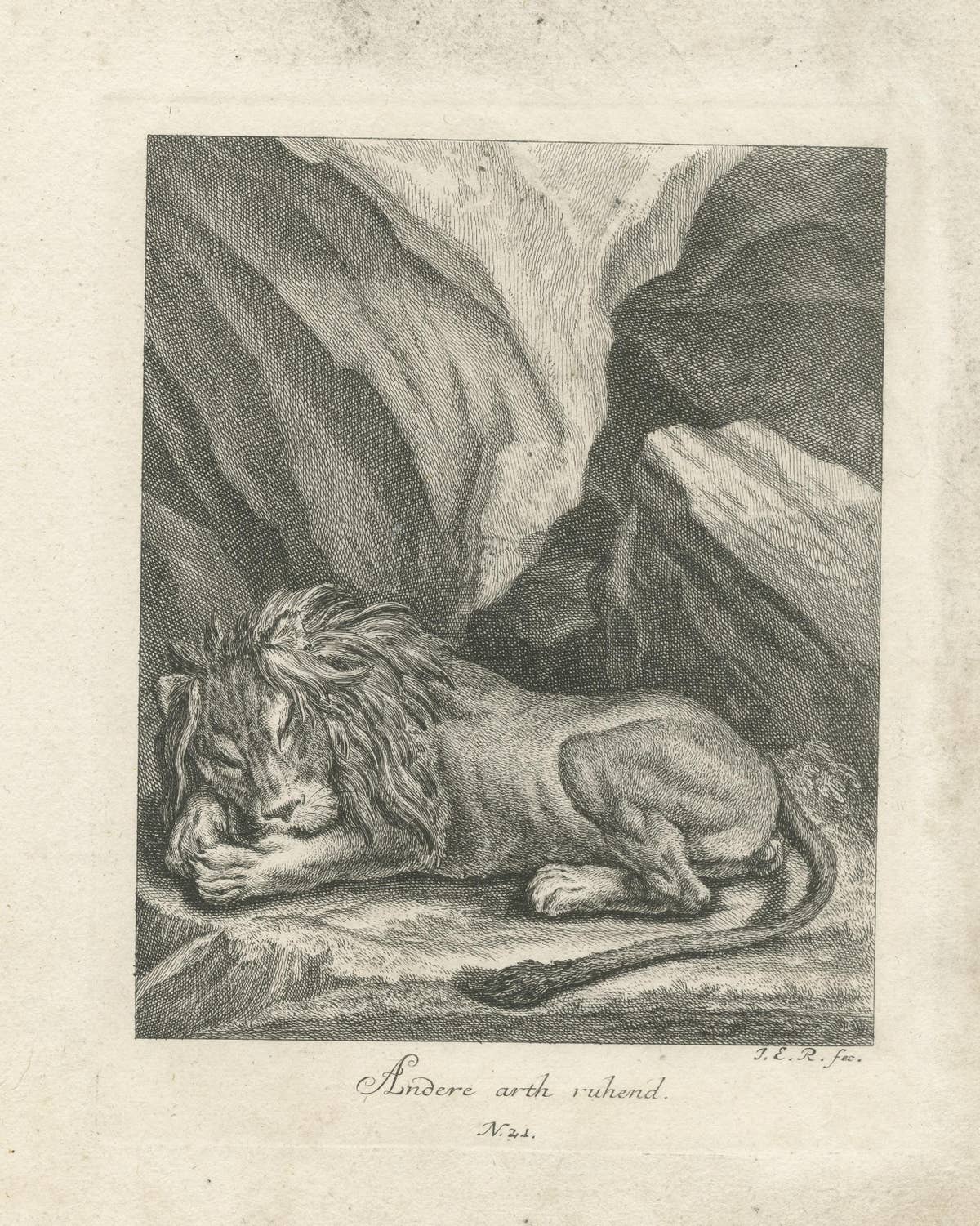 Antique Print of a sleeping Lion in a mountainous landscape