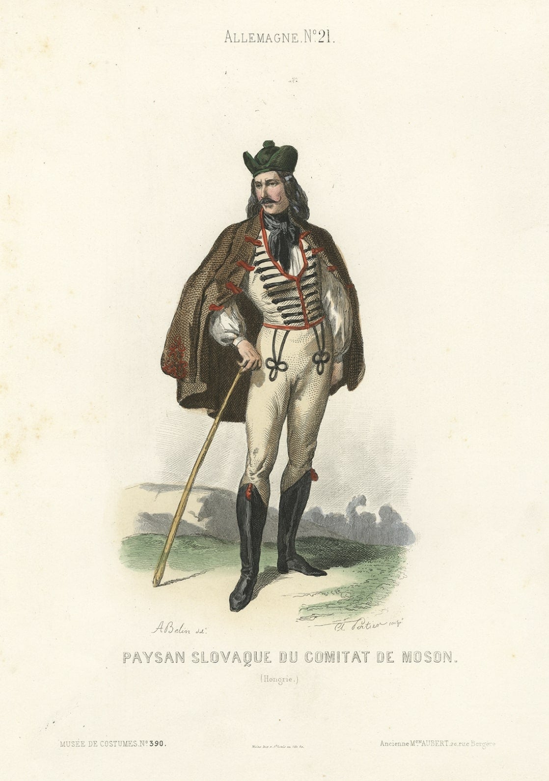 Antique costume print titled 'Paysan Slovaque du Comitat de Moson'. Old print depicting a Slovak peasant from Moson. This print originates from 'Costumes Moderne (Musée de Costumes). 

Artists and Engravers: Published in Paris: Ancienne Maison