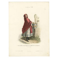 Antique Print of a Slovak Peasant Girl, 1850