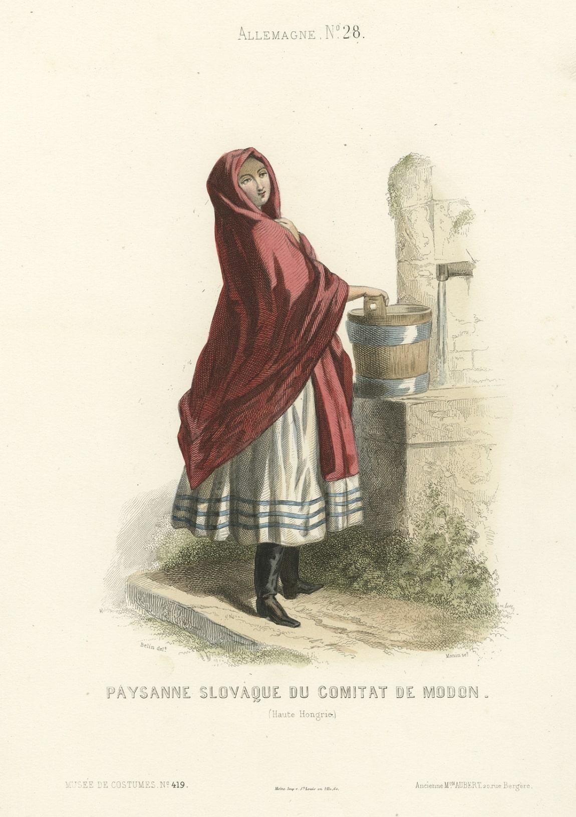 Paper Antique Print of a Slovak Peasant Girl, 1850 For Sale