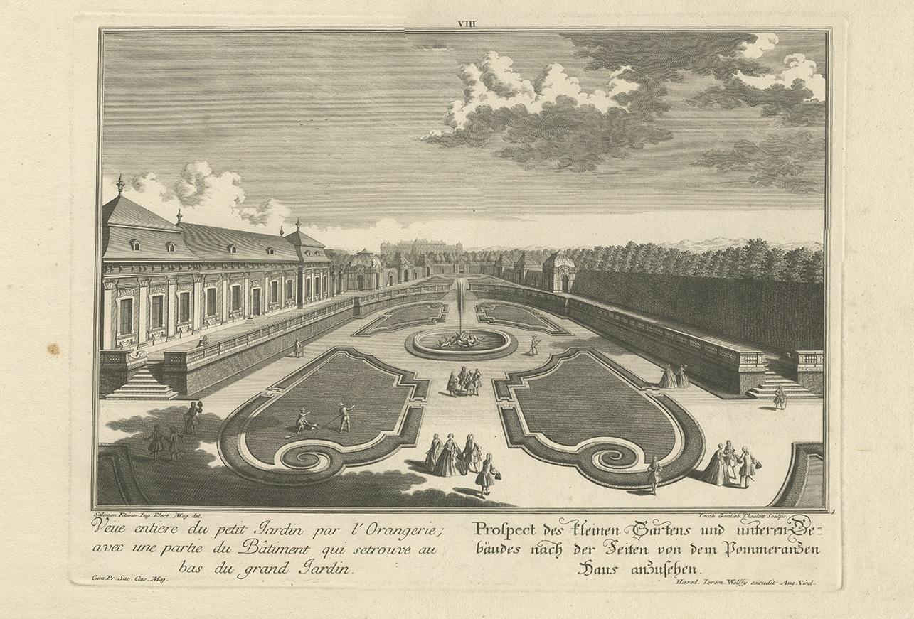 Gravure ancienne intitulée 'Veüe entiere du petit Jardin (..) - Prospect de skleinen Gartens (..)'. Perspective du petit jardin et du bâtiment. Cette gravure provient de 