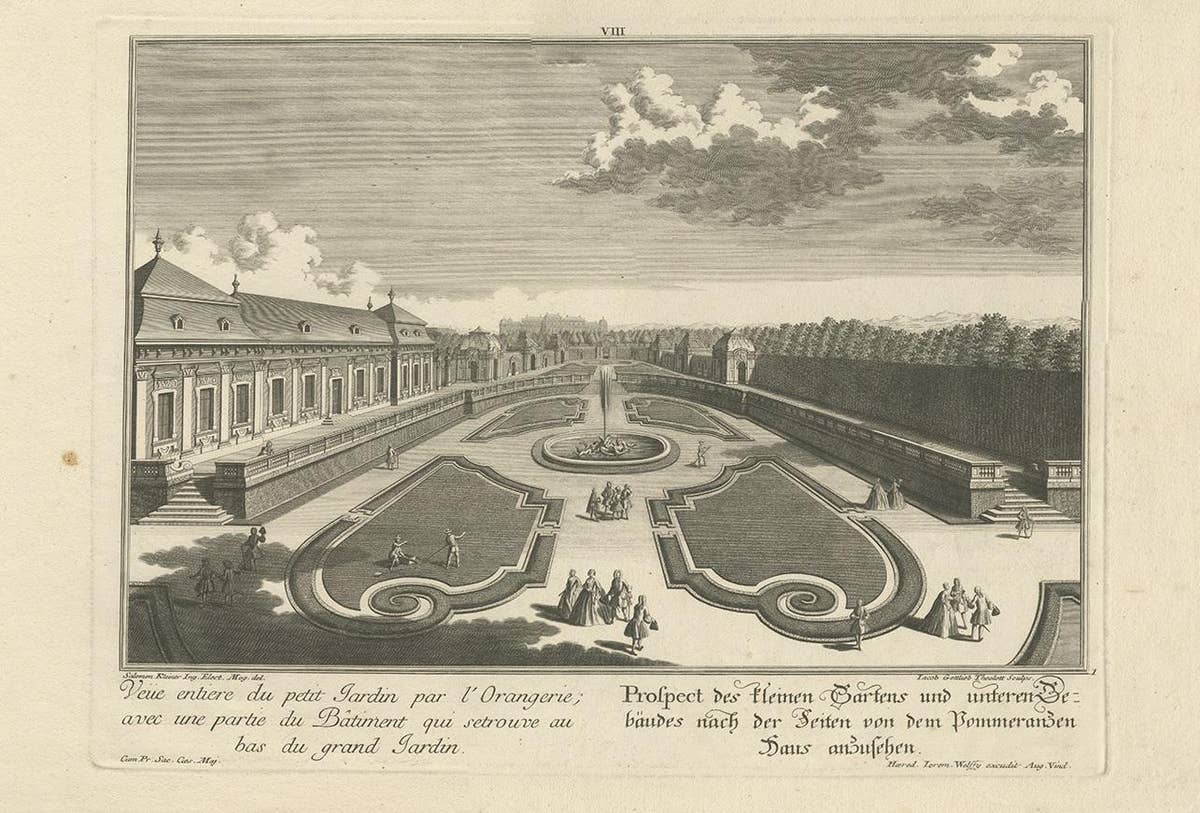 Antique Print of a Small Garden and Building by Wolff, 1737