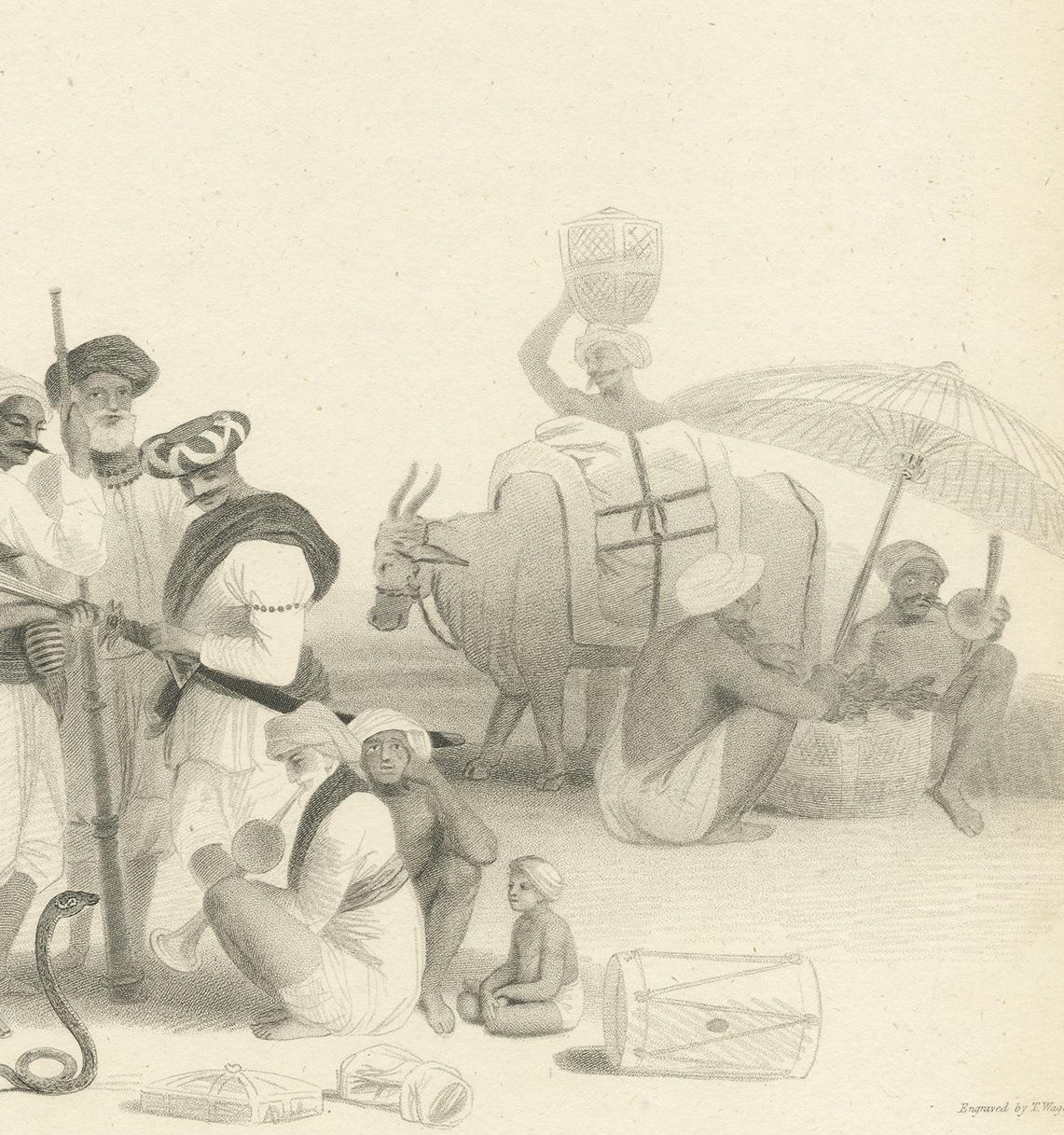 Antique Print of a Snake Charmer and Musicians by Wageman, 1812 In Good Condition For Sale In Langweer, NL