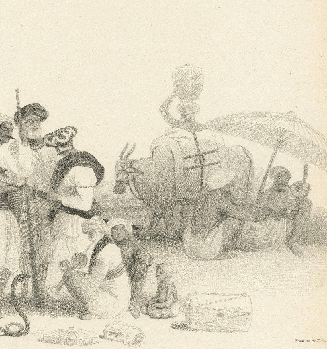 Antique Print of a Snake Charmer and Musicians by Wageman, 1812