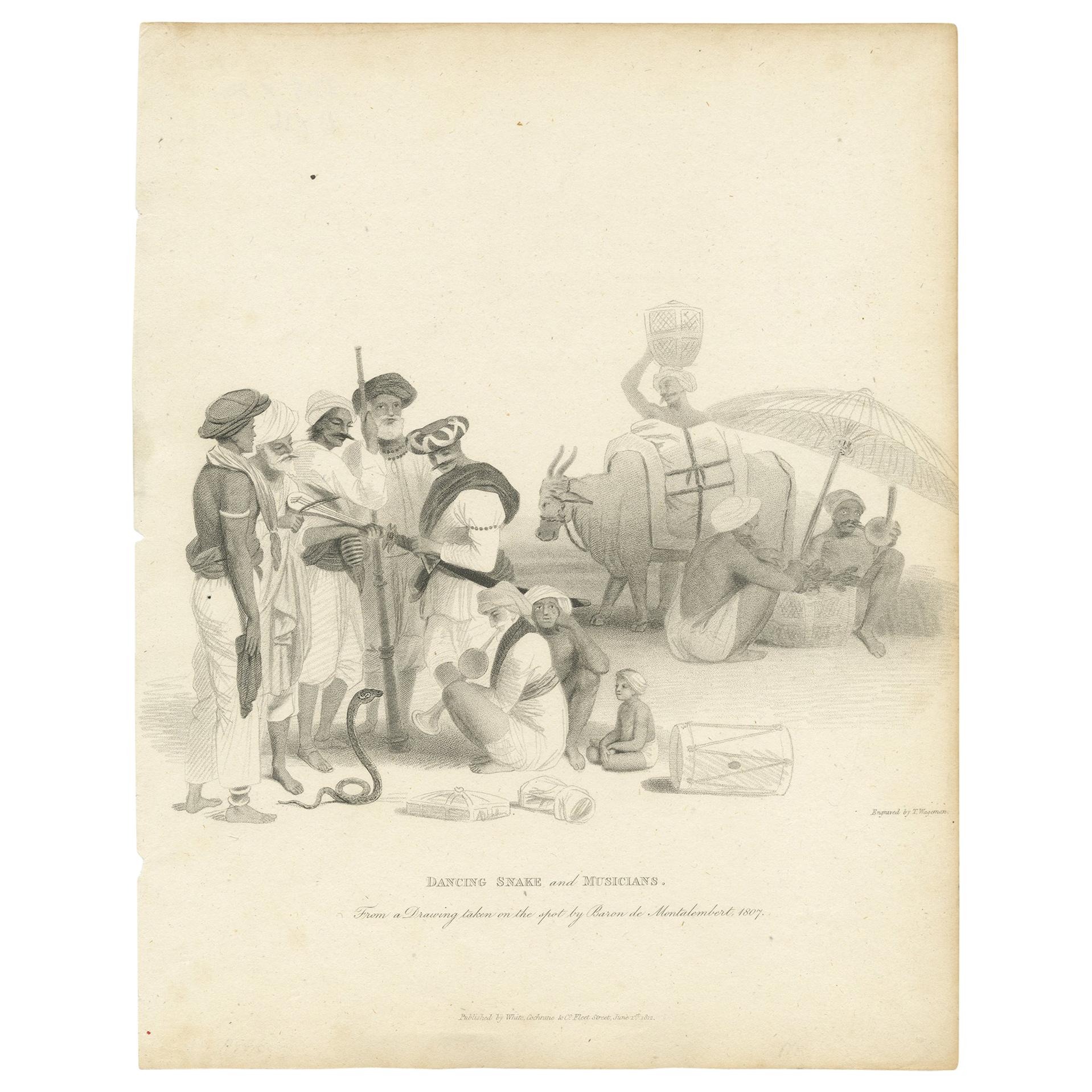 Antiker antiker Druck eines Schlangenanhängers und Musikers von Wageman, 1812