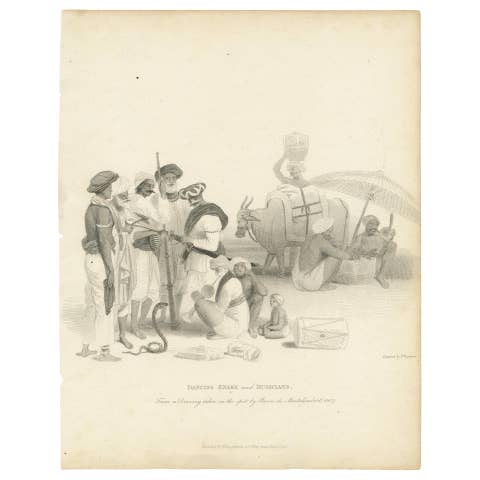 Antique Print of a Snake Charmer and Musicians by Wageman, 1812
