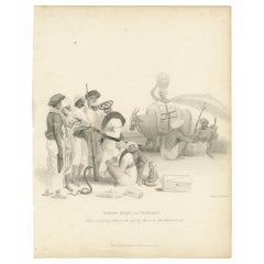 Antique Print of a Snake Charmer and Musicians by Wageman, 1812