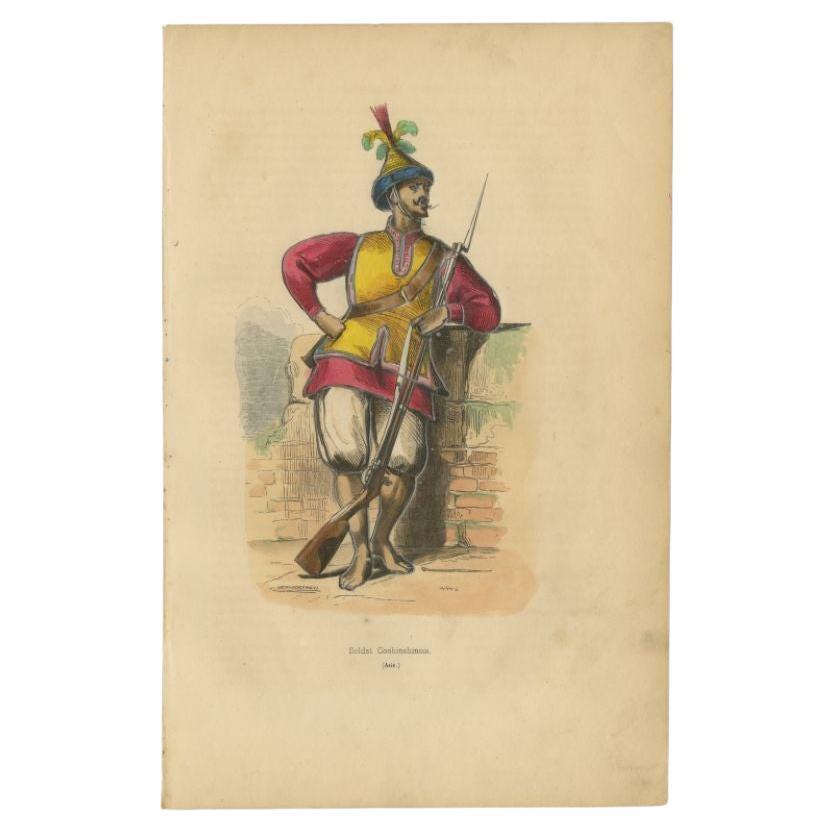 Antique Print of a Soldier of Cochinchina, 1843 For Sale