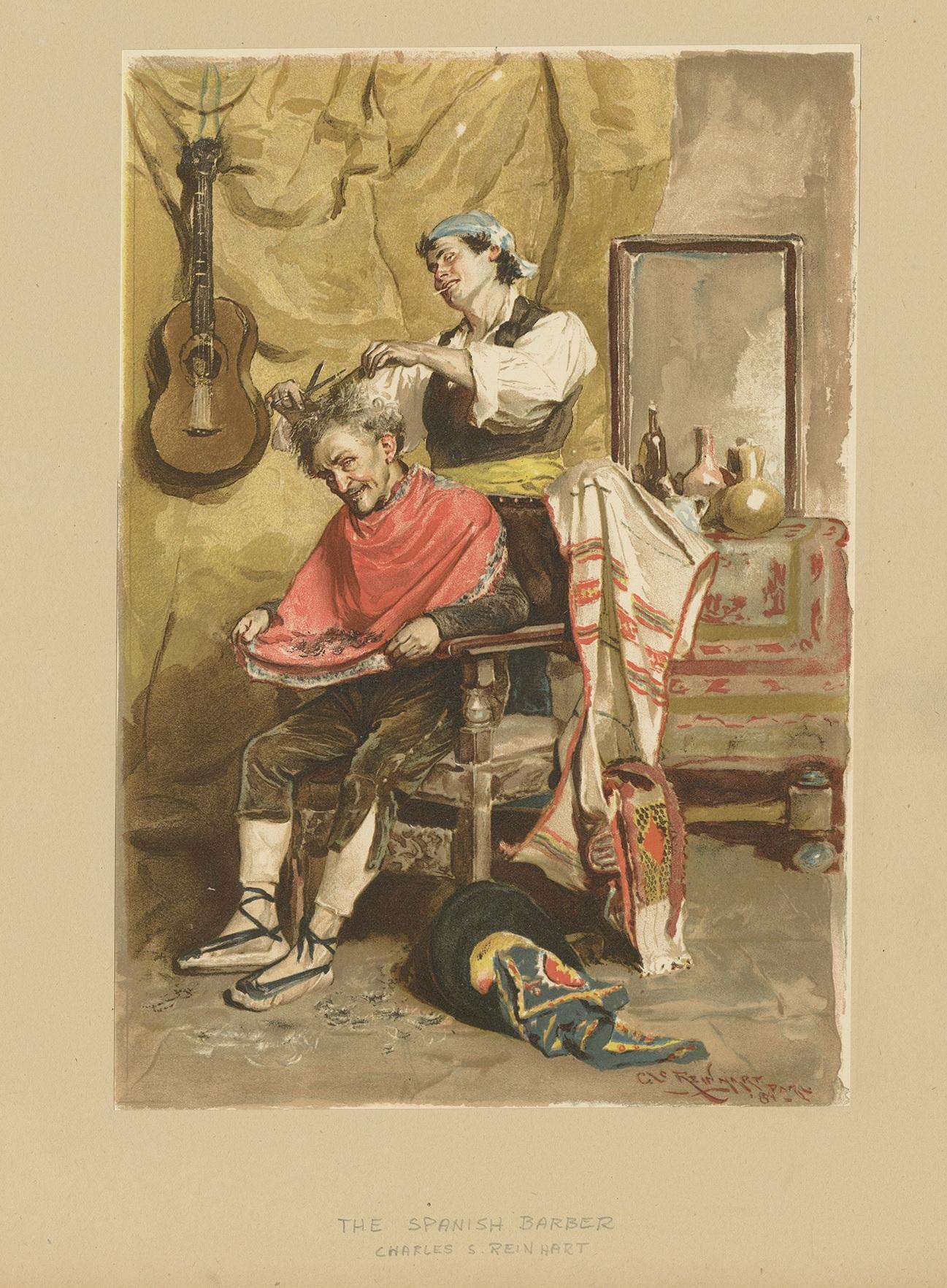 Antique print titled 'The Spanish Barber'. Old color photogravure made after a painting by Charles S. Reinhart. Published, circa 1893.