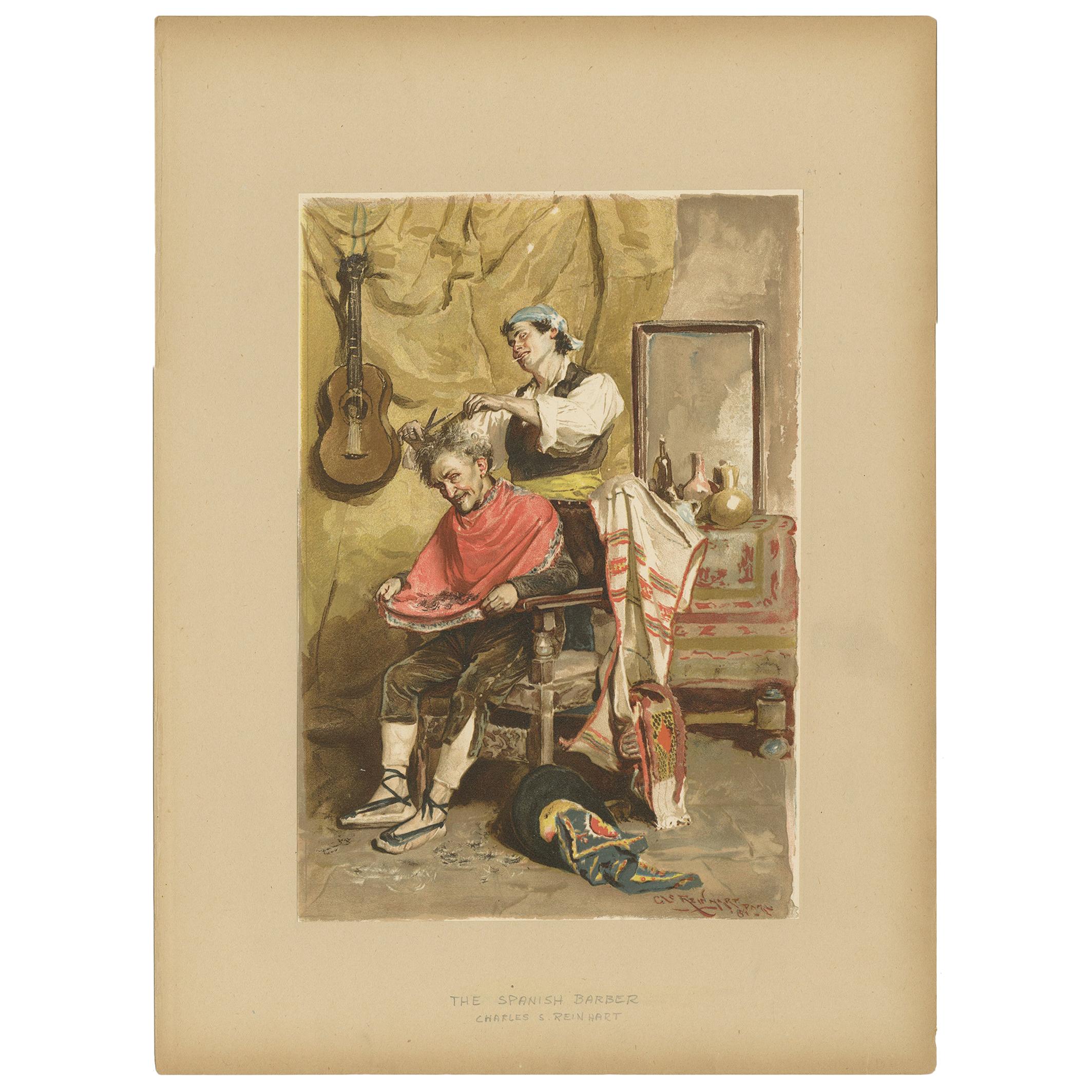 Antique Print of a Spanish Barber Made after C.S. Reinhart, circa 1893 For Sale