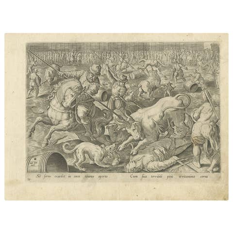 Antique Print of a Spanish Bullfight by A. Stradanus, 1576