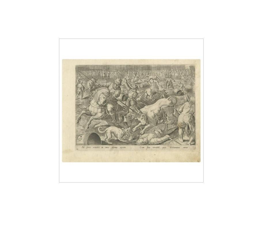 Engraved Antique Print of a Spanish Bullfight by A. Stradanus, 1576 For Sale