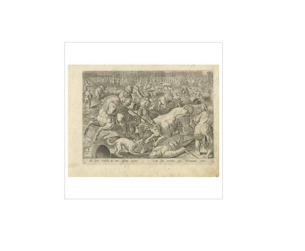 Antique Print of a Spanish Bullfight by A. Stradanus, 1576