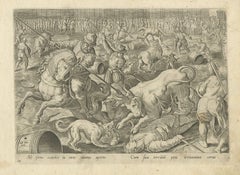 Antiker Druck eines spanischen Stierkampfes von A. Stradanus, 1576