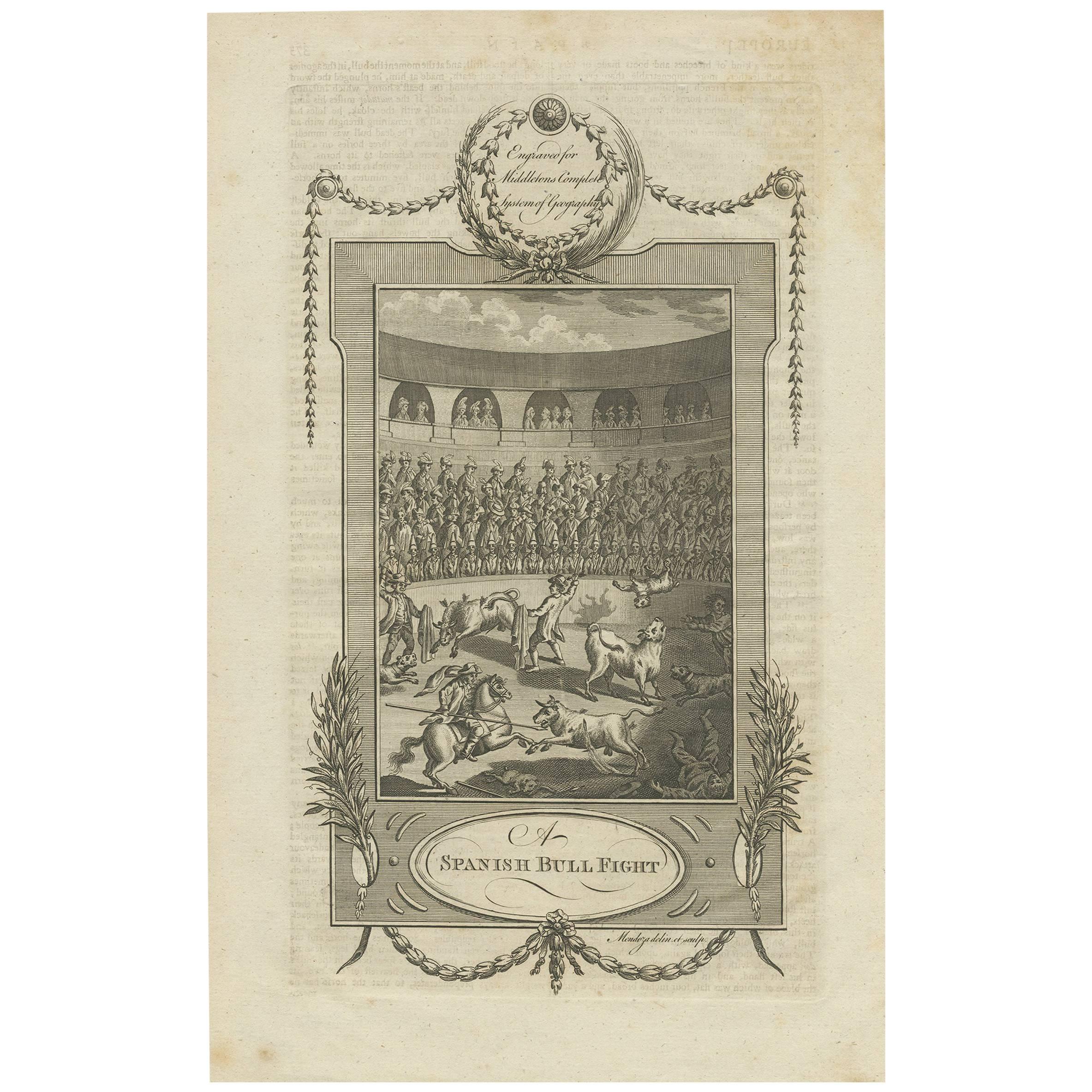Antique Print of a Spanish Bullfight by Mendoza, 1777