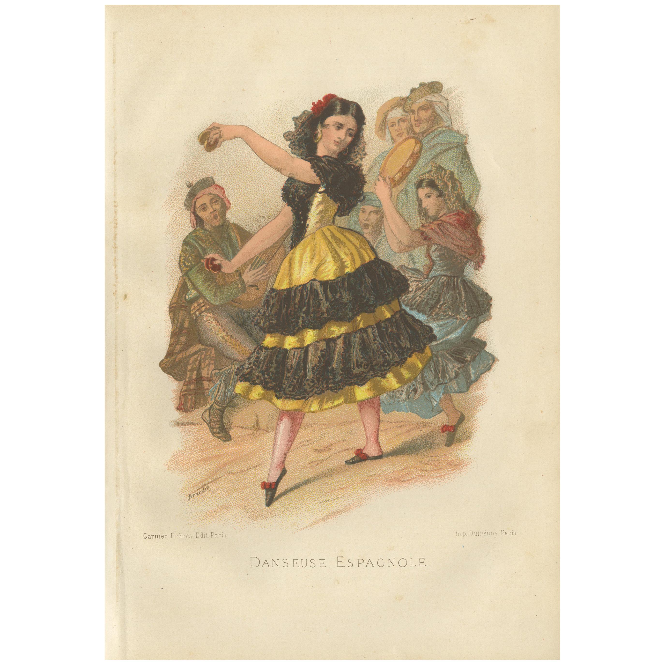 Impression ancienne d'une danseuse espagnole par Grgoire, 1883 en vente