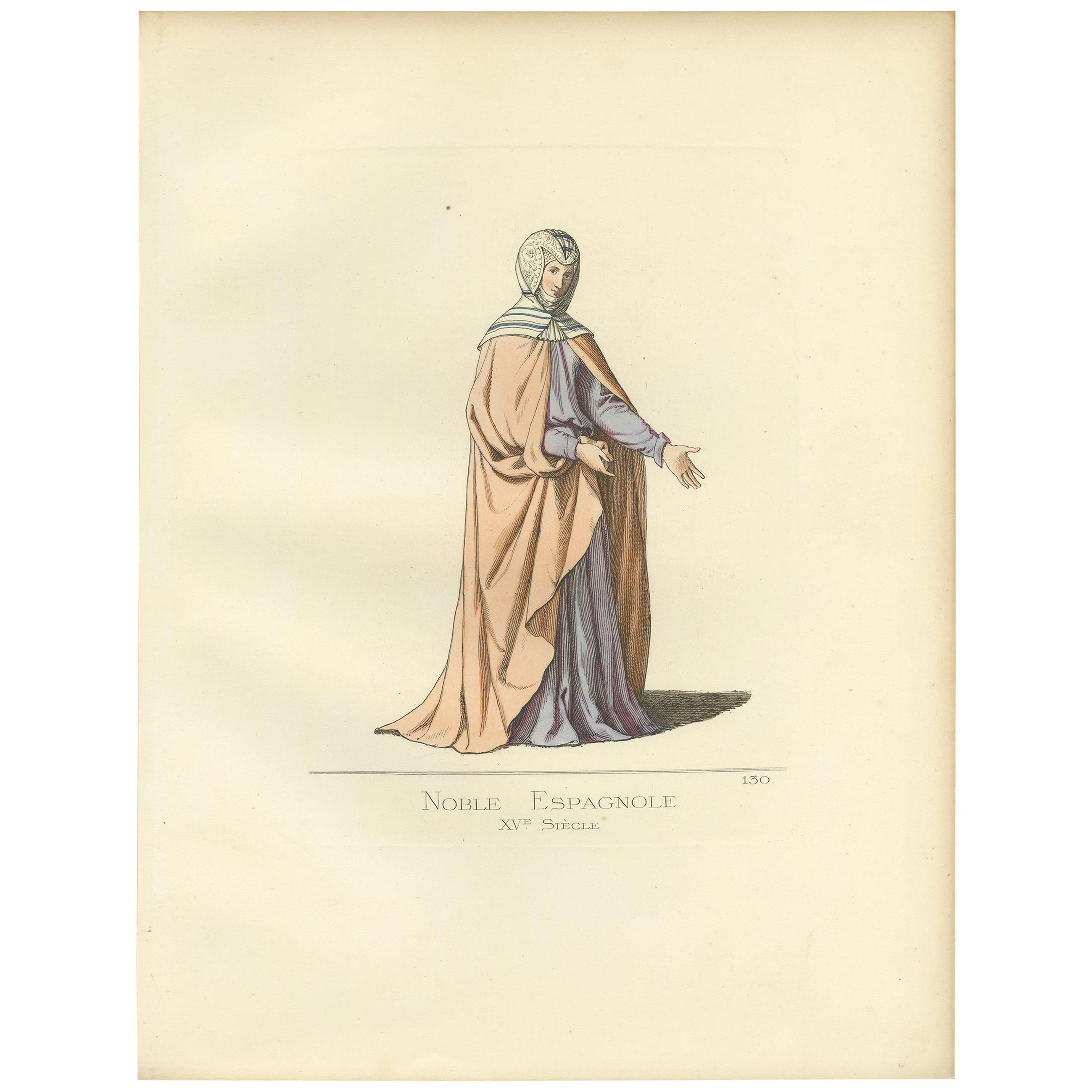 Antique print titled ‘Noble Espagnole, XVe Siecle.’ Original antique print of a Spanish noblewoman, 15th century. This print originates from 'Costumes historiques de femmes du XIII, XIV et XV siècle' by C. Bonnard. Published, 1860.