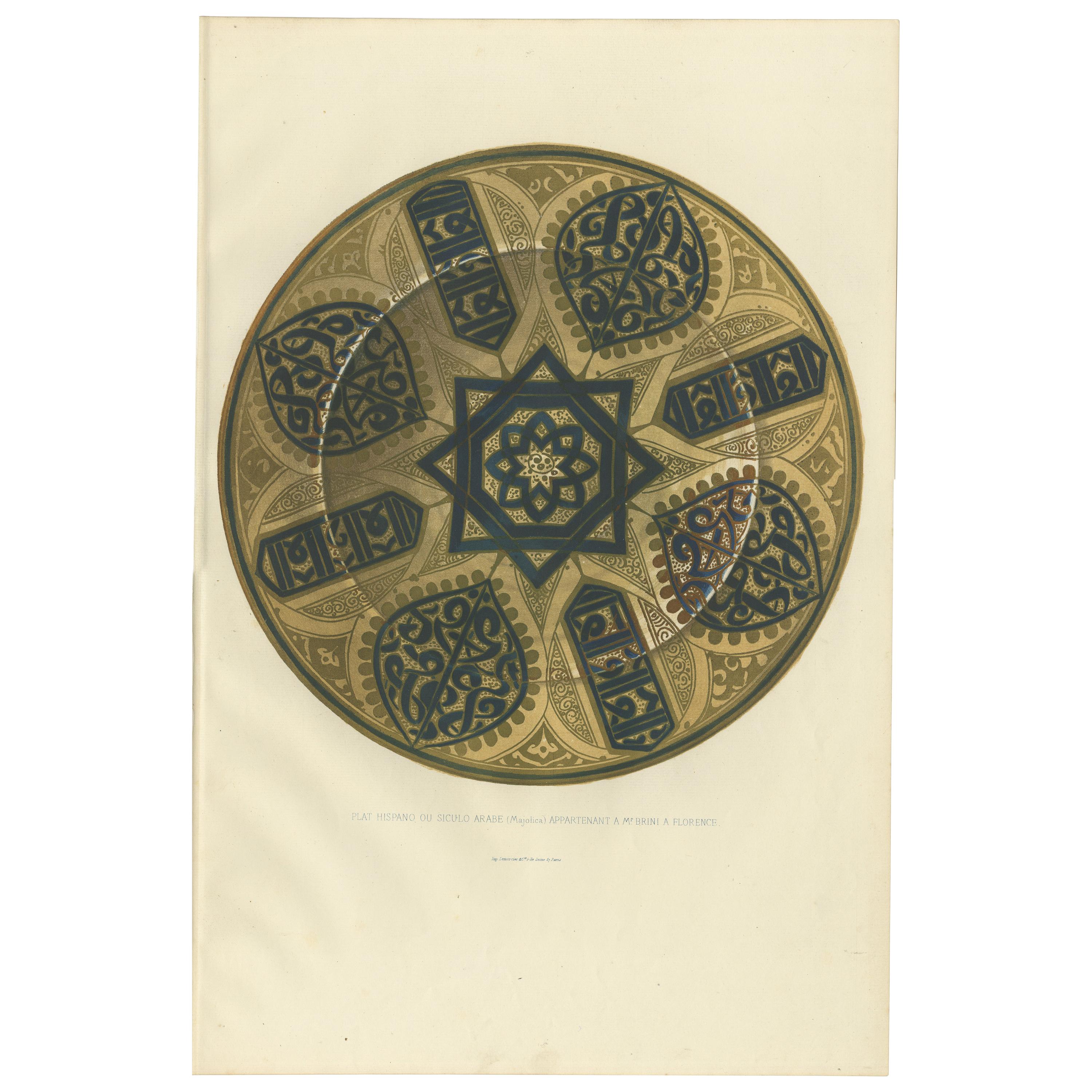 Antique Print of a Spanish or Siculo-Arabic Majolica Plate by Delange '1869' For Sale