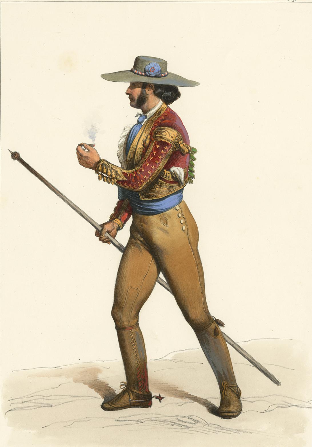 Antique print titled 'Picador démonté'. This print depicts a picador (bullfighting, Spain). Published in Paris by Aubert & Cie.