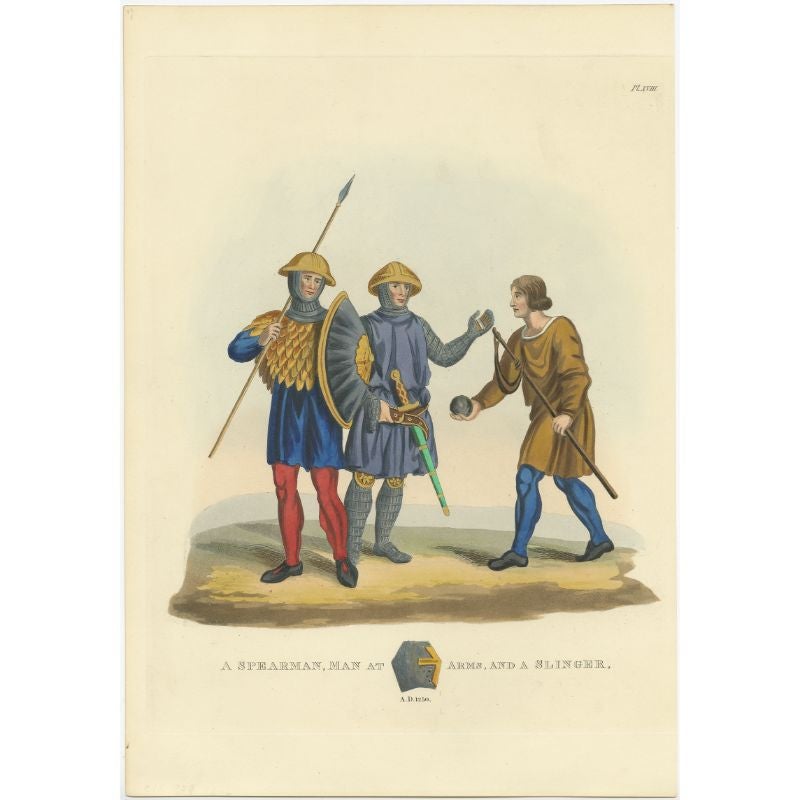 Antique Print of a Spearman, Man at Arms and Slinger, 1842 For Sale