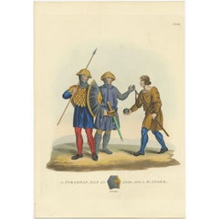 Antiker Druck eines Speers, Mann mit Wappen und Stier, 1842