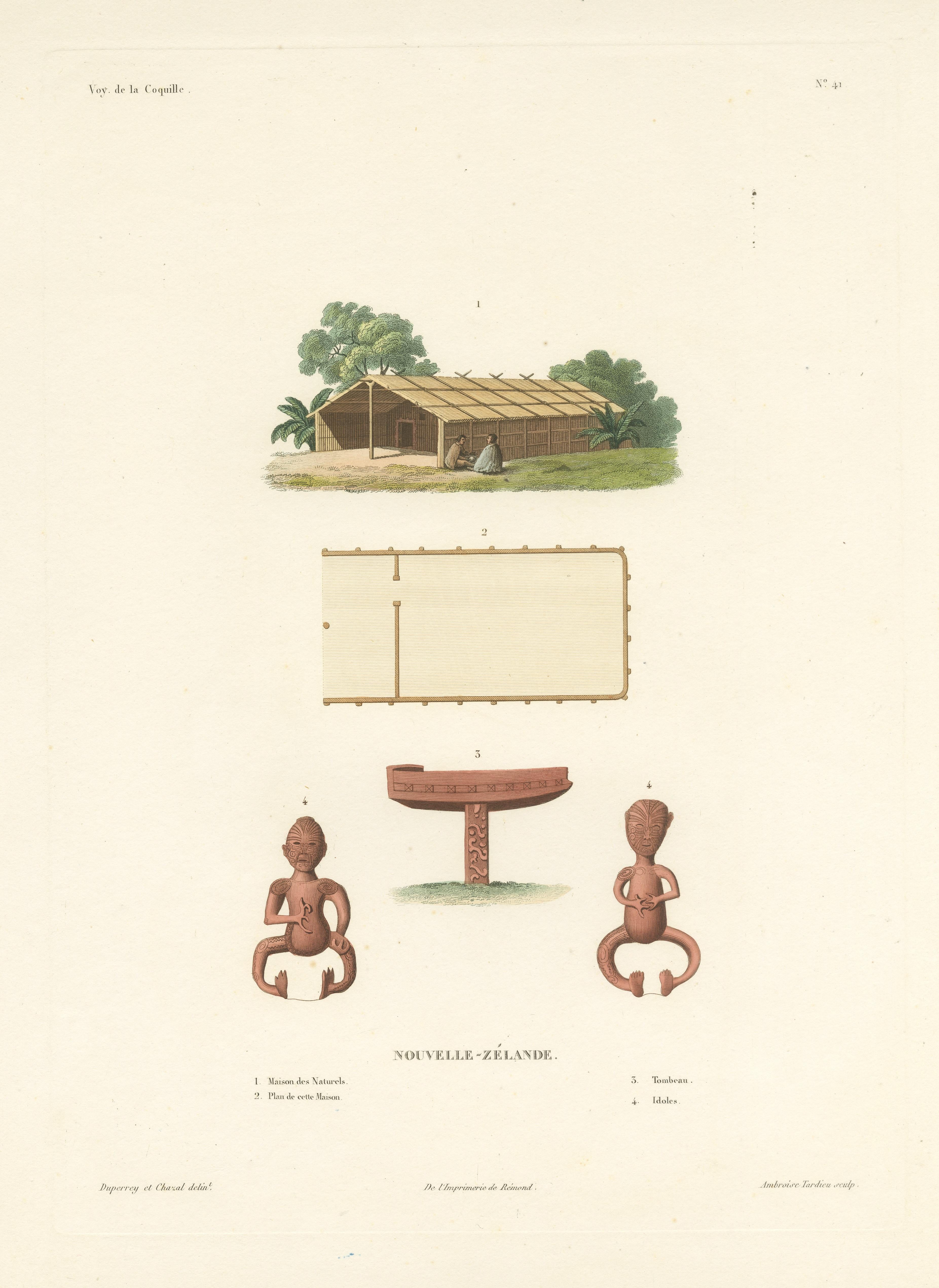 Gravure ancienne d'une maison des esprits en Nouvelle-Zélande Bon état - En vente à Langweer, NL