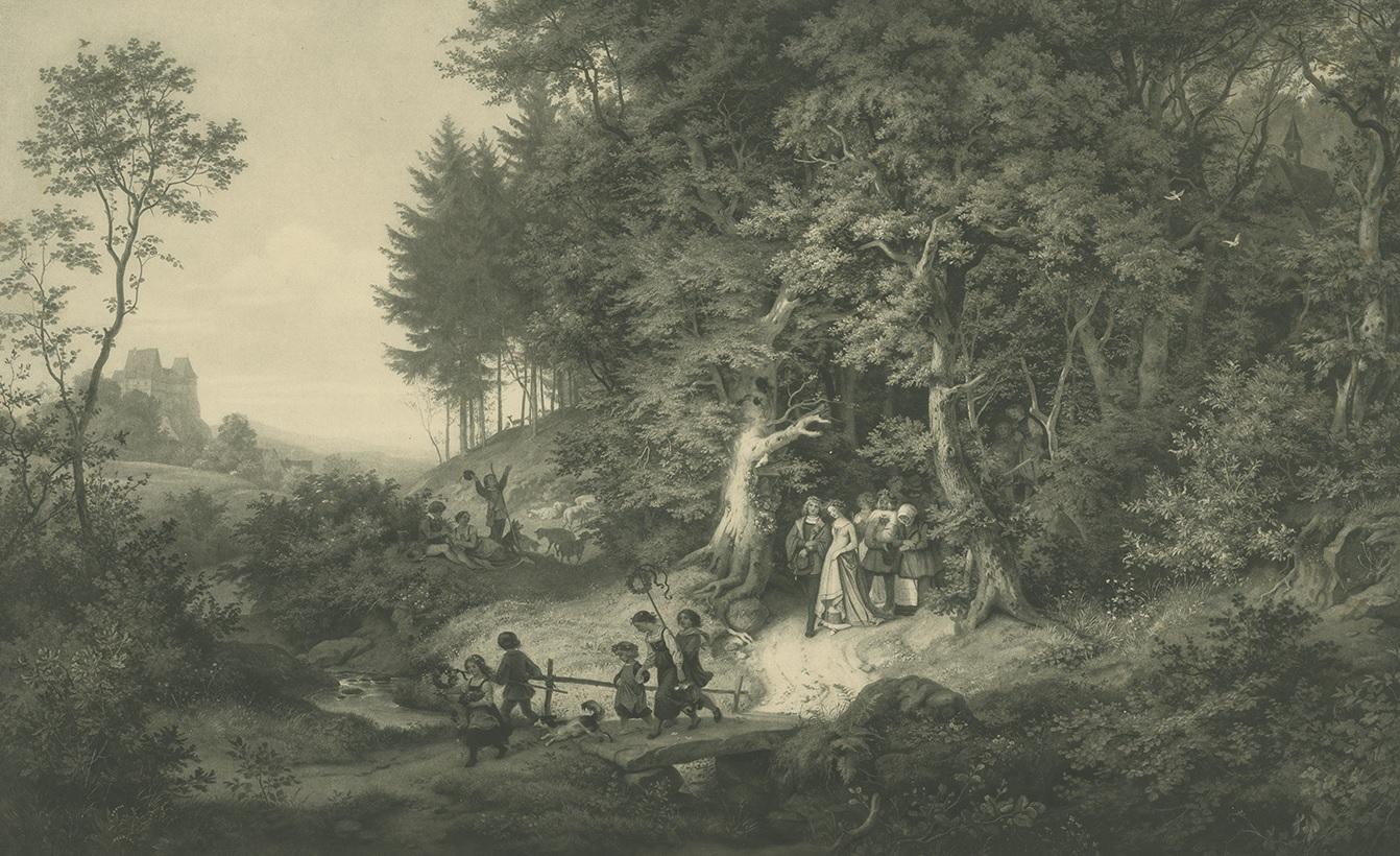 Gravure ancienne d'un paysage printanier d'après Ludwig Richter 'circa 1900'. Bon état - En vente à Langweer, NL
