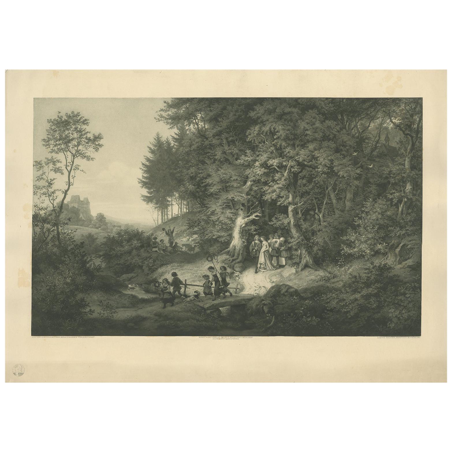 Gravure ancienne d'un paysage printanier d'après Ludwig Richter 'circa 1900'.