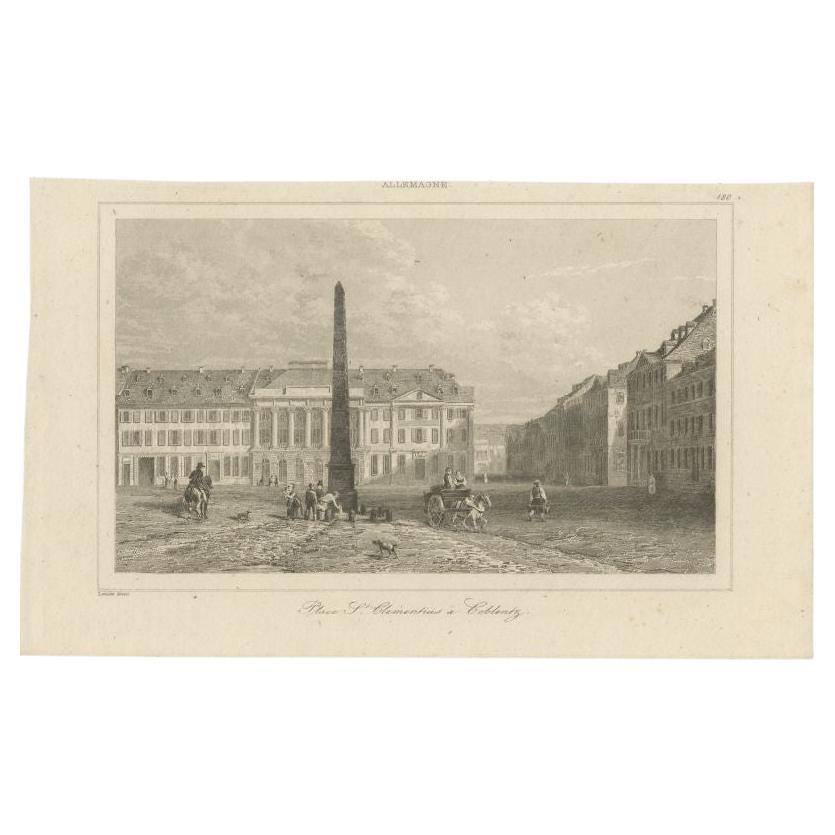 Antique Print of a Square in Koblenz in Germany, 1838