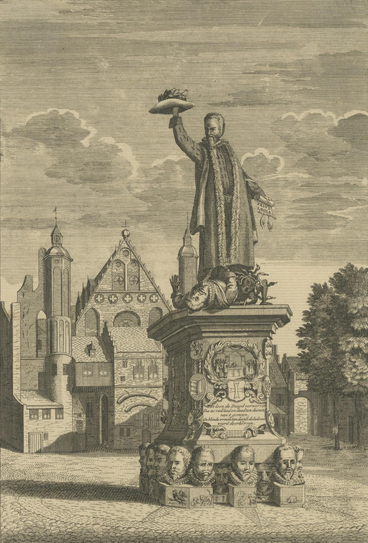 Antique print titled 'Praalbeeld voor den Vader des Vaderlands'. Fictive statue of Johan van Oldenbarnevelt on the Binnenhof, The Hague; full-length wearing a fur-lined robe, holding up the hat of liberty in the right hand and a scroll in the left;