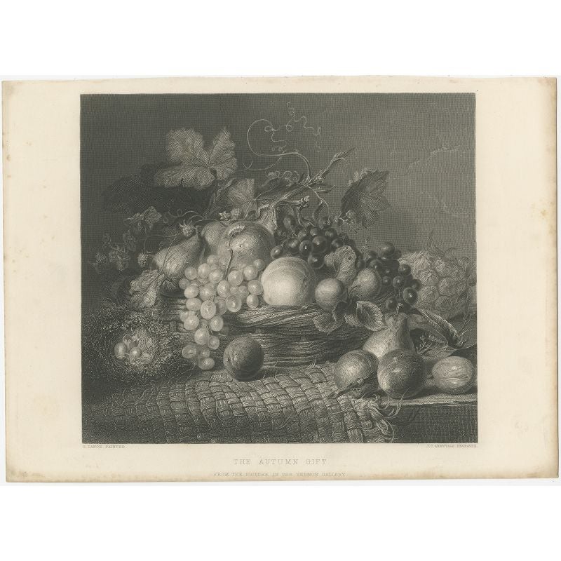 Antique print titled 'The Autumn Gift, from the picture in the Vernon Gallery'. Still life with a basket of autumn fruit and brambles, on a rough wove mat on a table, with fruit in front and a bird's nest on the left.

Artists and Engravers: