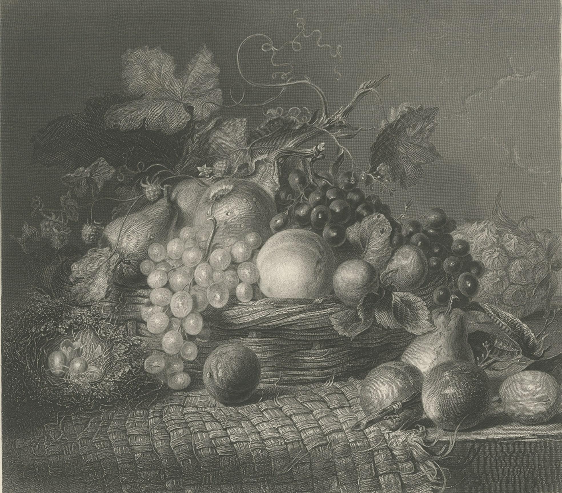 Paper Antique Print of a Still life with a Basket of Autumn Fruit and Brambles, ca1860 For Sale
