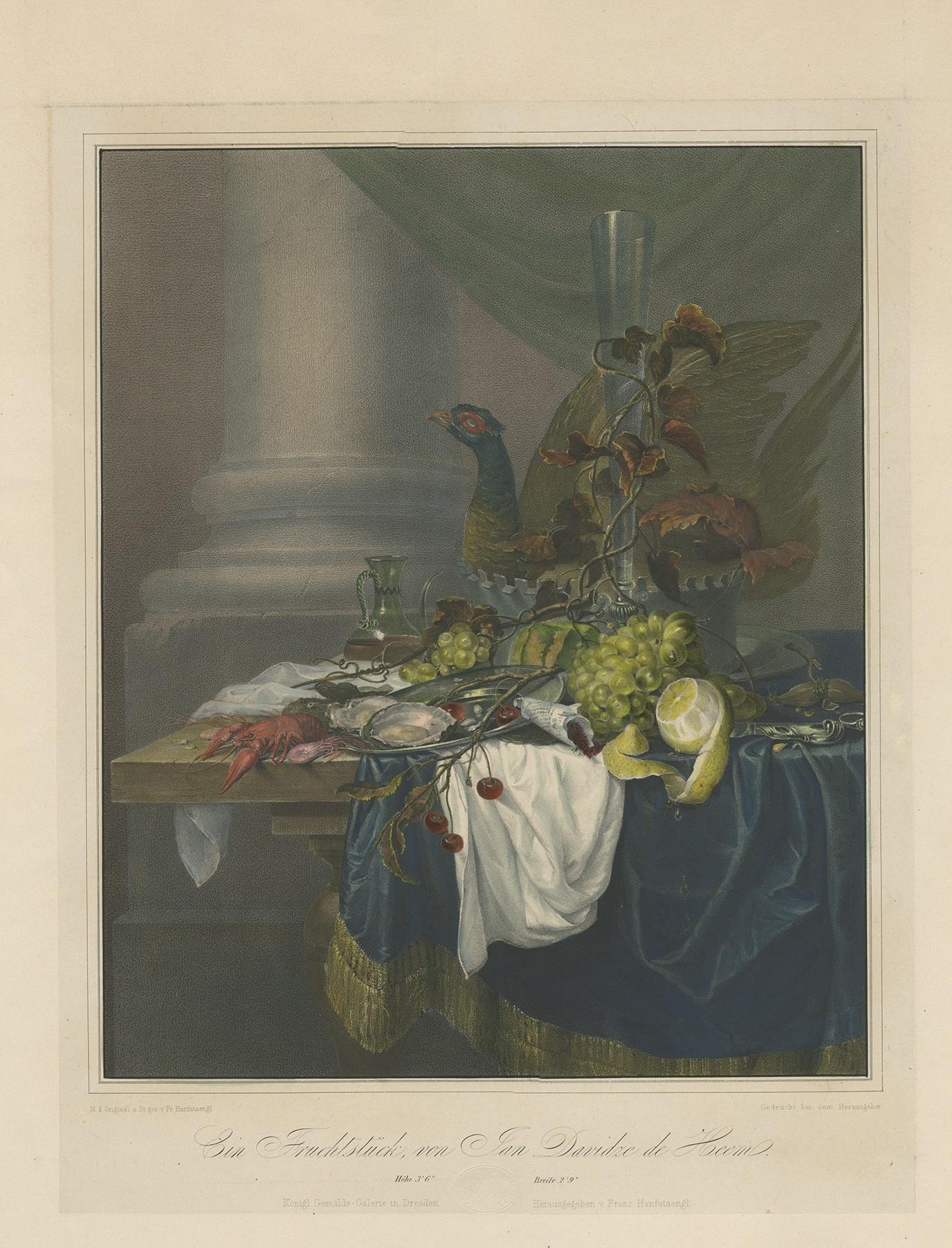Antique print titled 'Fruchtstück von Jan Davidze de Heem'. Lithograph on chine collé with a still-life with fruit and a plate of oysters and seafood, a turkey pie beyond; after Jan de Heem, c.1836.