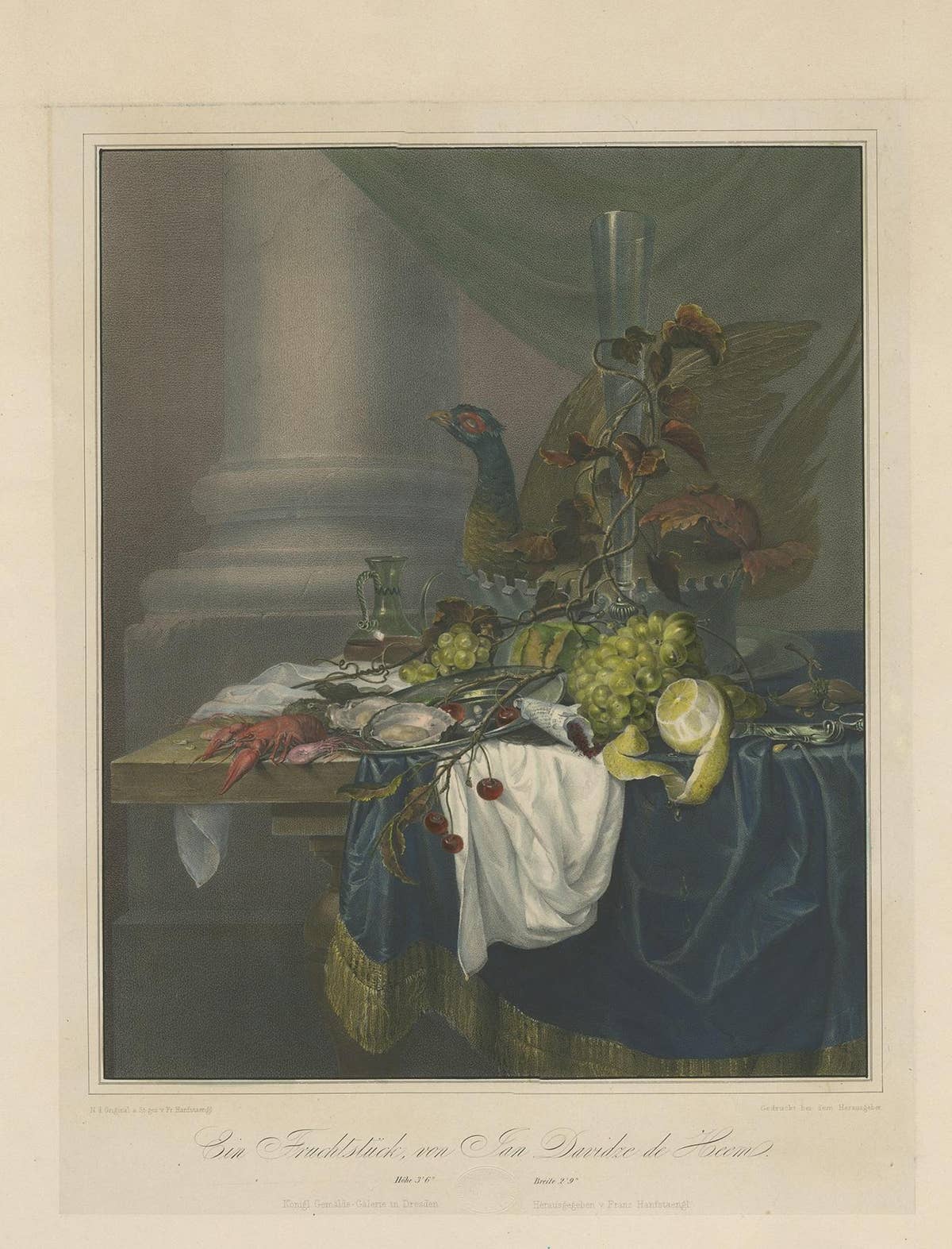 Antique Print of a Still-Life with Fruit, Seafood and a Turkey Pie, 'C.1836'