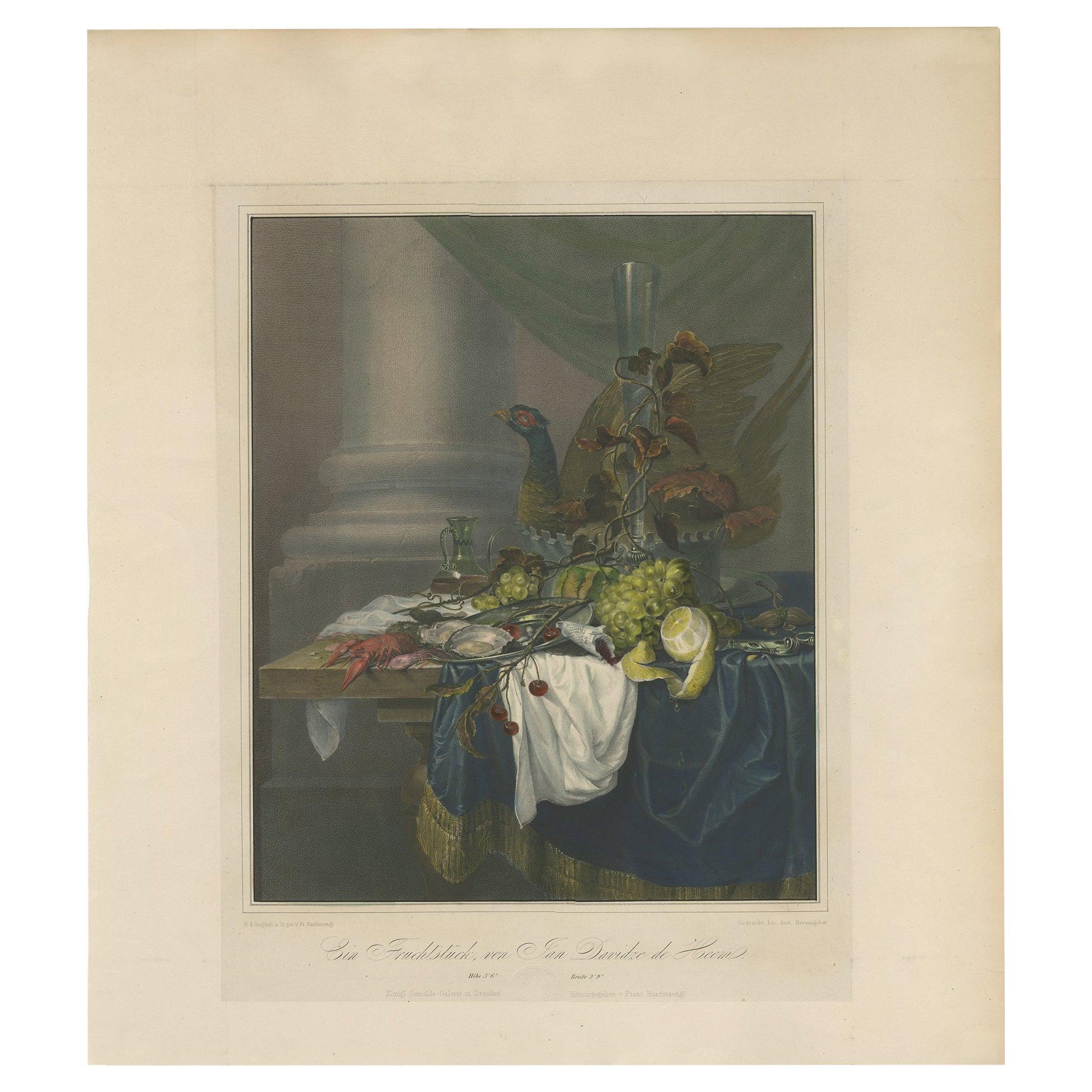 Impression ancienne d'une nature morte avec des fruits, des aliments marins et une tarte de Turquie, vers 1836