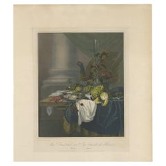 Impression ancienne d'une nature morte avec des fruits, des aliments marins et une tarte de Turquie, vers 1836