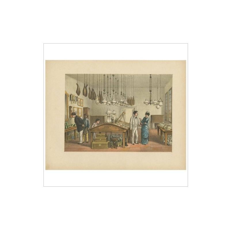 Antique print of a store in Batavia, Jakarta, Indonesia. This print originates from 'Het Kamerlid van Berkestein in Nederlandsch-Indie.', (translation: van Berkestein, member of the Dutch Parliament in the Dutch East-Indies.) by M.T.H. Perelaer,