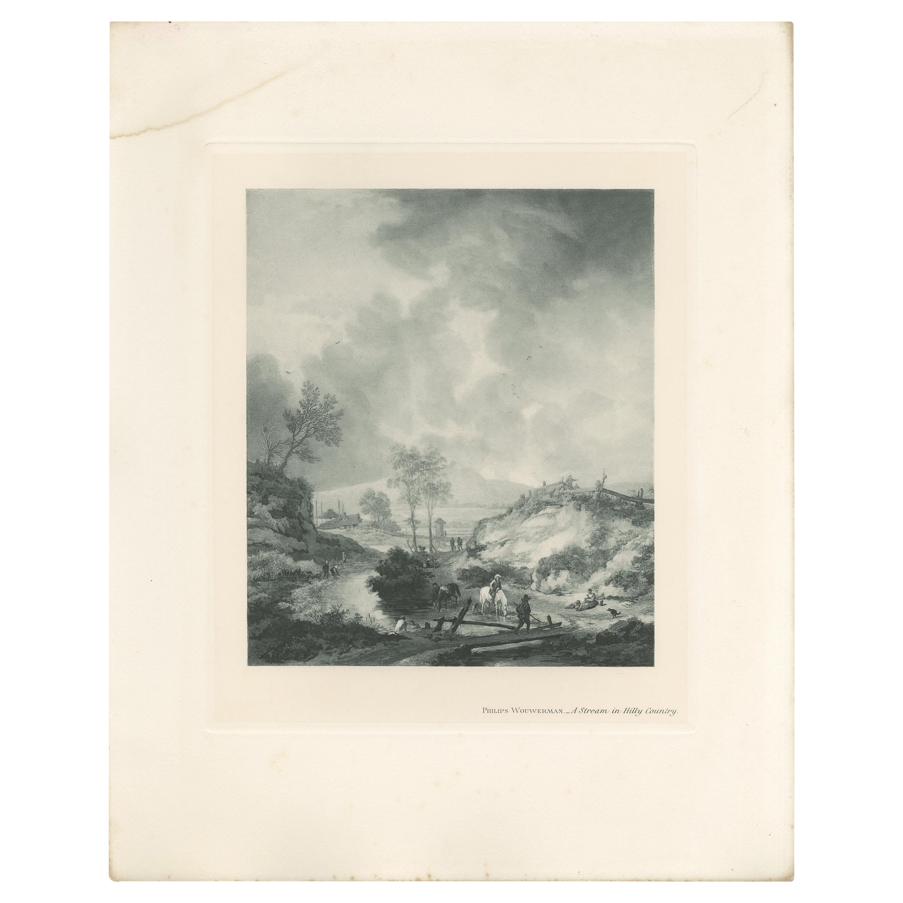 Antique Print of 'A Stream in Hilly Country' Made after P. Wouwerman '1902' For Sale