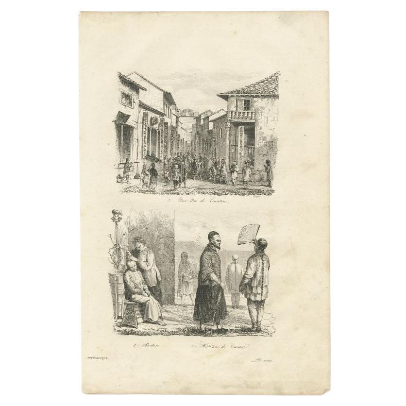 Impression ancienne d'une rue et d'habitants de Guangzhou en Chine, 1834 en vente