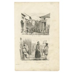 Antique Print of a Street and Inhabitants of Guangzhou in China, 1834